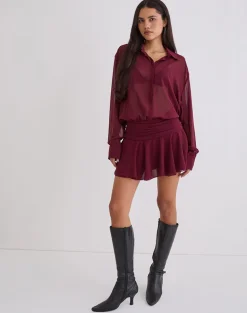 Azphira Long Sleeve Button Up Playsuit in Burgundy