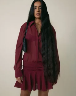 Azphira Long Sleeve Button Up Playsuit in Burgundy