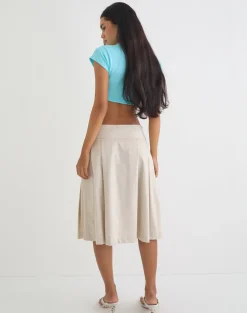 Babete Pleat Midi Skirt in Cotton Light Twill Stone