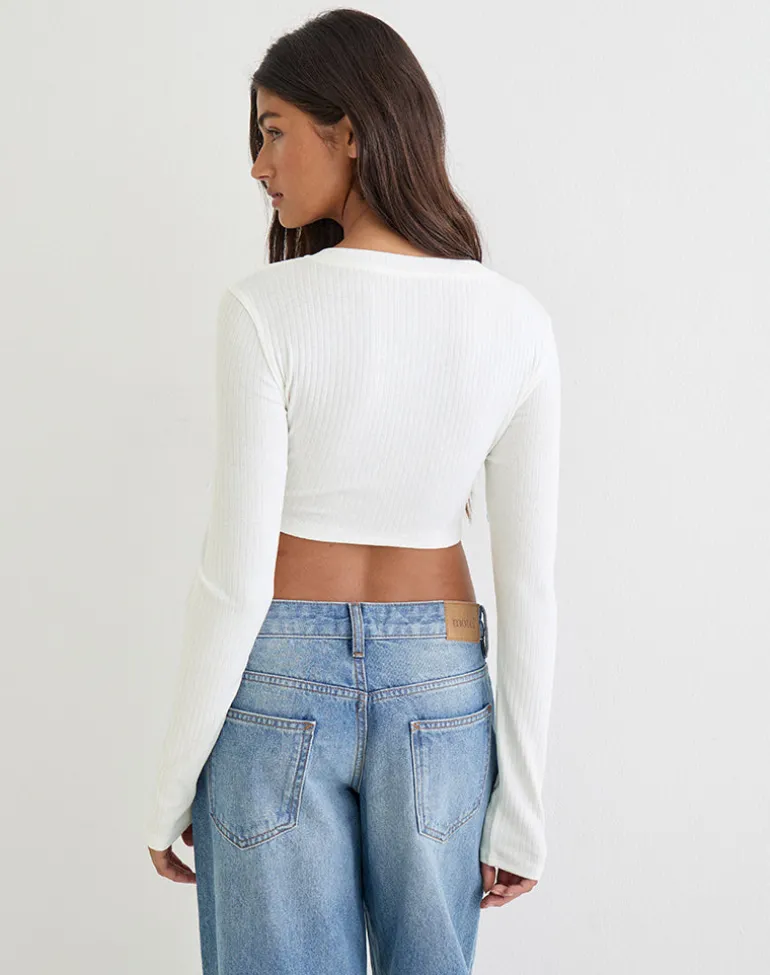 Badia Long Sleeve Cropped Cardigan in Pointelle Knit White
