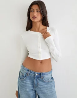 Badia Long Sleeve Cropped Cardigan in Pointelle Knit White