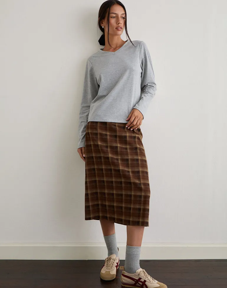 Badria Midi Skirt in Tartan Brown Red