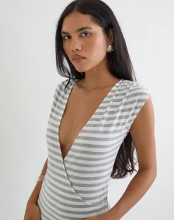Bahati Plunge Top in Stripe White and Grey