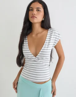 Bahati Plunge Top in Stripe White and Grey
