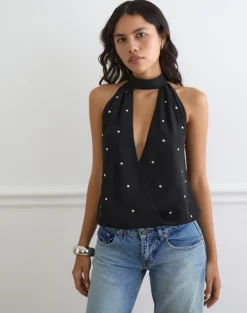 Bajo Halter Bubble Top in Chiffon Black with Studs