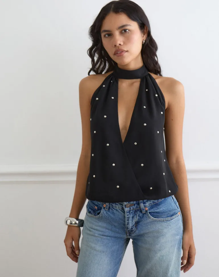 Bajo Halter Bubble Top in Chiffon Black with Studs