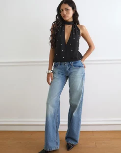 Bajo Halter Bubble Top in Chiffon Black with Studs