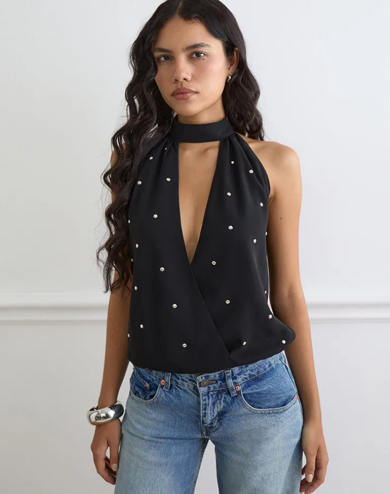 Bajo Halter Bubble Top in Chiffon Black with Studs