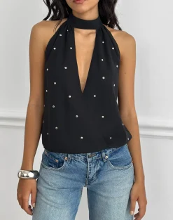 Bajo Halter Bubble Top in Chiffon Black with Studs