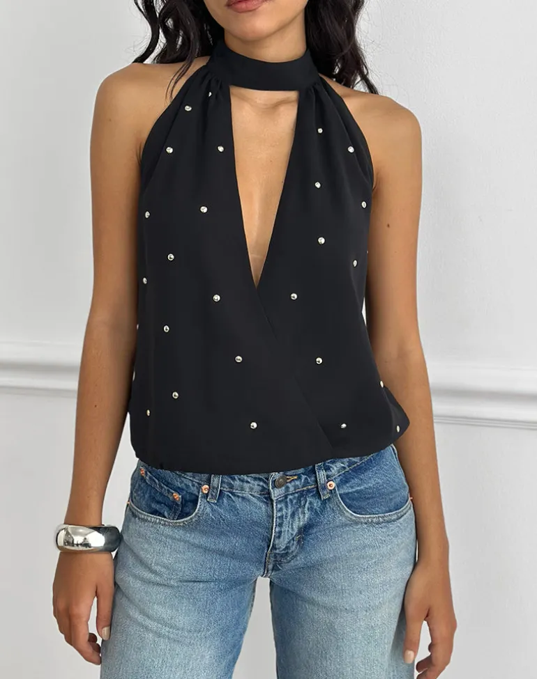 Bajo Halter Bubble Top in Chiffon Black with Studs