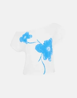Balia Asymmetric Short Sleeve Top in Off White with Blue Flower Silhouette