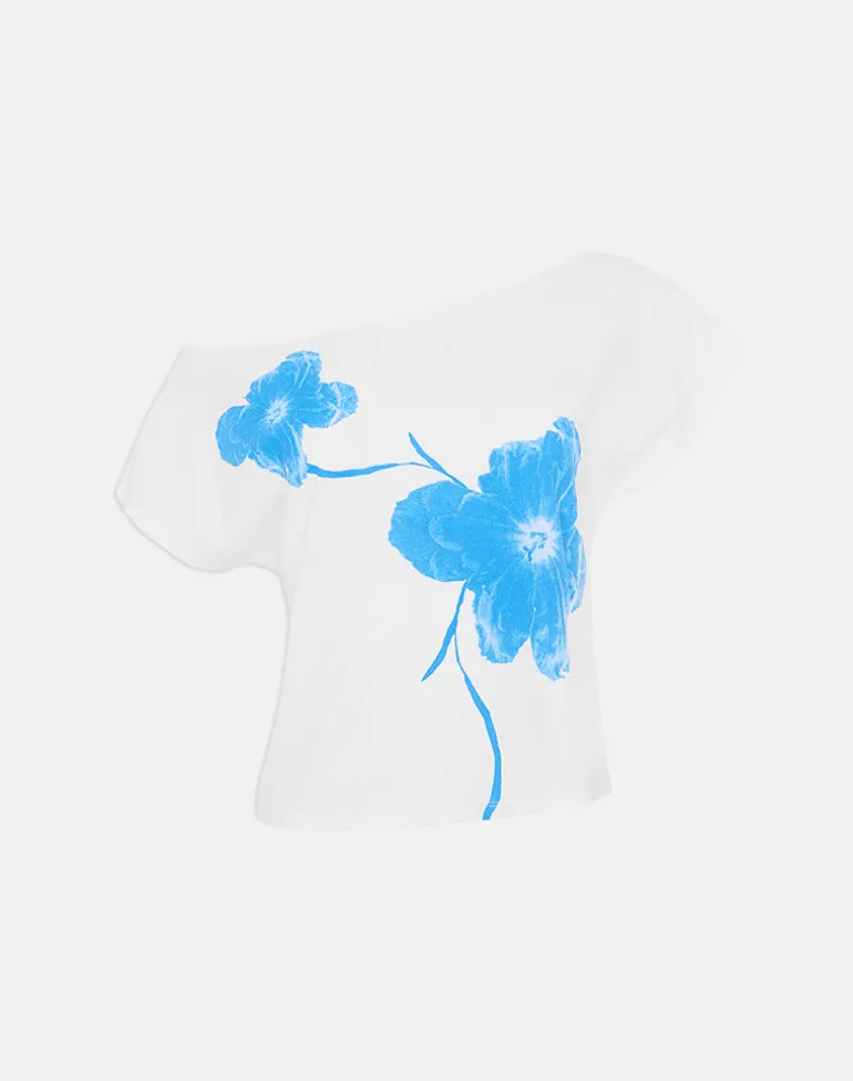 Balia Asymmetric Short Sleeve Top in Off White with Blue Flower Silhouette