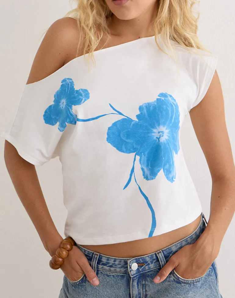 Balia Asymmetric Short Sleeve Top in Off White with Blue Flower Silhouette