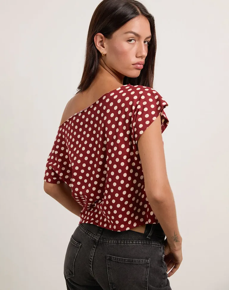 Balia Asymmetric Short Sleeve Top in Polka Wine