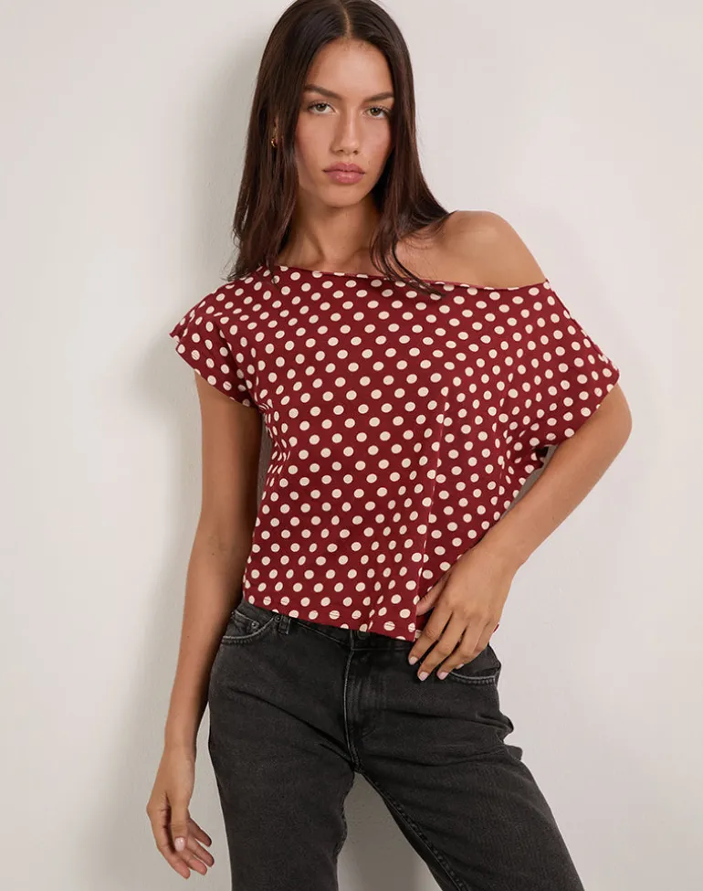 Balia Asymmetric Short Sleeve Top in Polka Wine