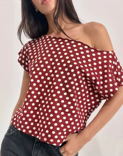 Balia Asymmetric Short Sleeve Top in Polka Wine