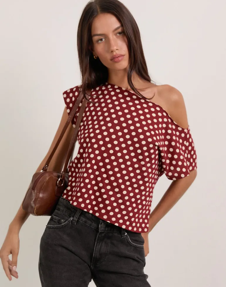 Balia Asymmetric Short Sleeve Top in Polka Wine