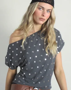 Balia Asymmetric Short Sleeve Top in Studded Chiffon Dark Grey