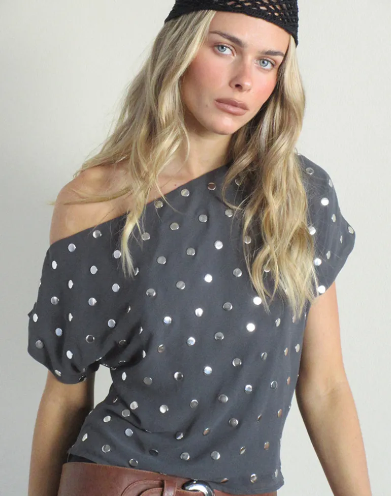 Balia Asymmetric Short Sleeve Top in Studded Chiffon Dark Grey