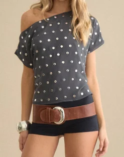 Balia Asymmetric Short Sleeve Top in Studded Chiffon Dark Grey