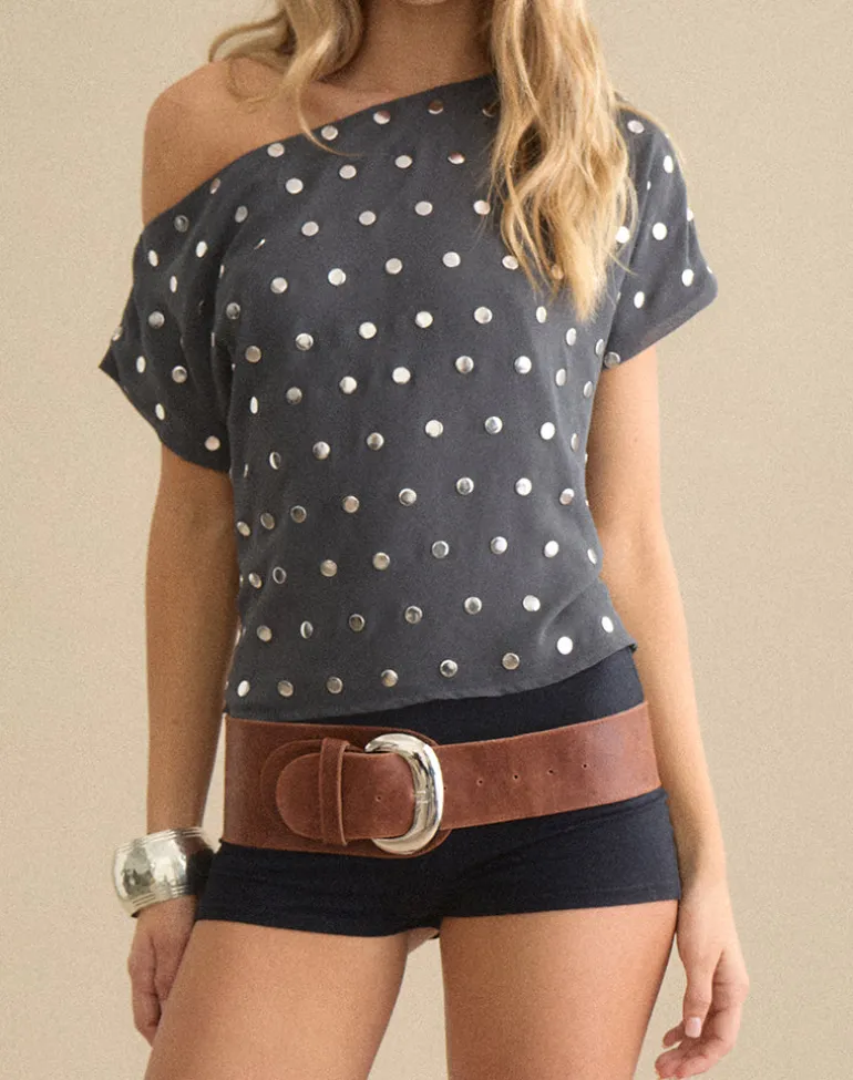 Balia Asymmetric Short Sleeve Top in Studded Chiffon Dark Grey