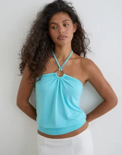 Ballerie Halter Top in Cupro Aqua
