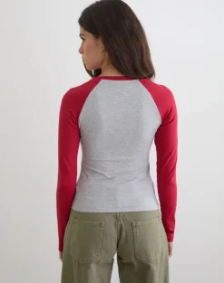 Balqis Long Sleeve Top in Grey Marl Adrenaline Red Combination