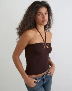 Baya Halterneck Top with Flower Ring in Bitter Chocolate