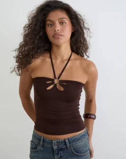 Baya Halterneck Top with Flower Ring in Bitter Chocolate