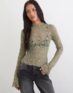 Beerus Long Sleeve Mock Neck Top in Lace Sage Green