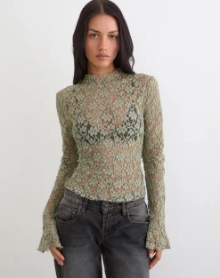 Beerus Long Sleeve Mock Neck Top in Lace Sage Green