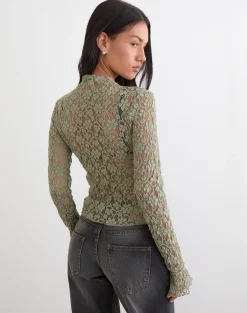 Beerus Long Sleeve Mock Neck Top in Lace Sage Green