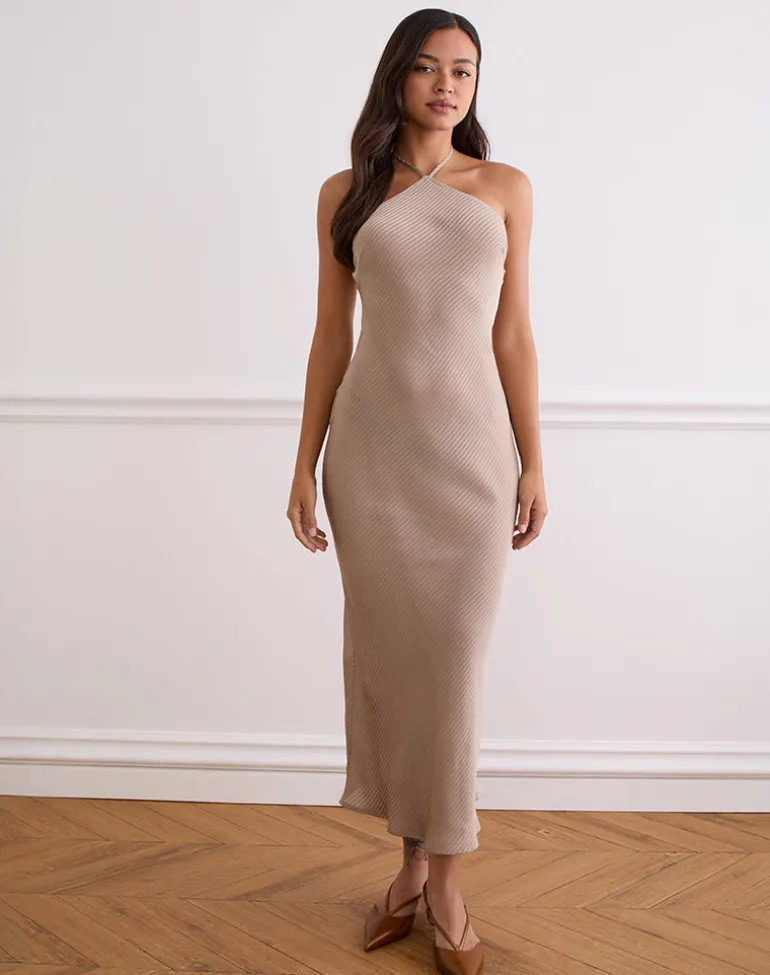 Belara Maxi Dress in Satin Stripe Taupe