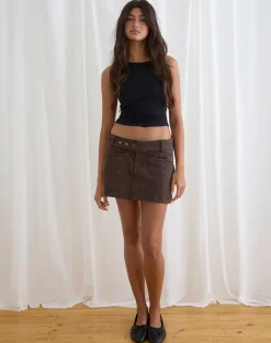 Belted Denim Mini Skirt in Chocolate Brown
