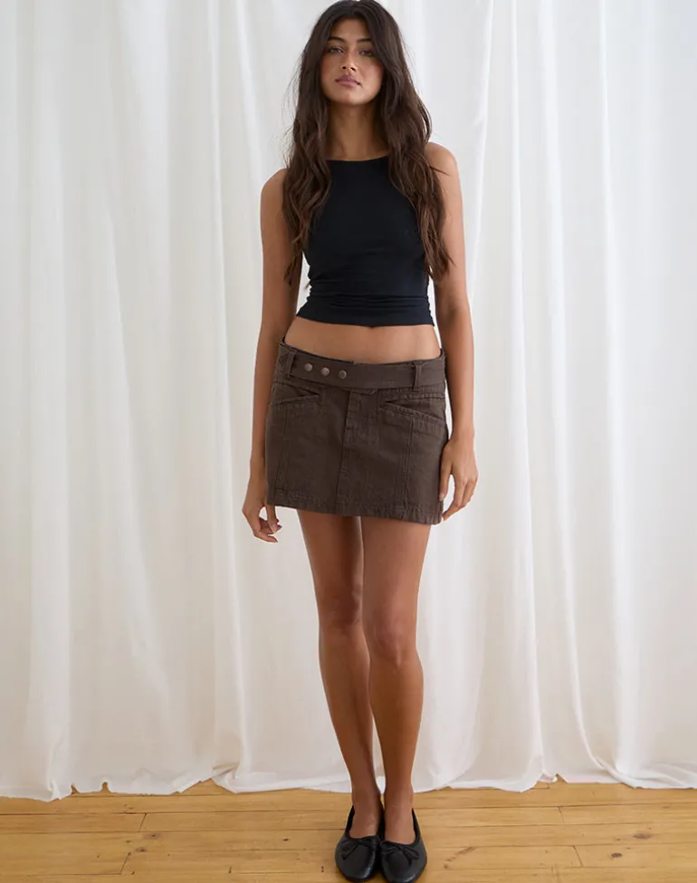 Belted Denim Mini Skirt in Chocolate Brown