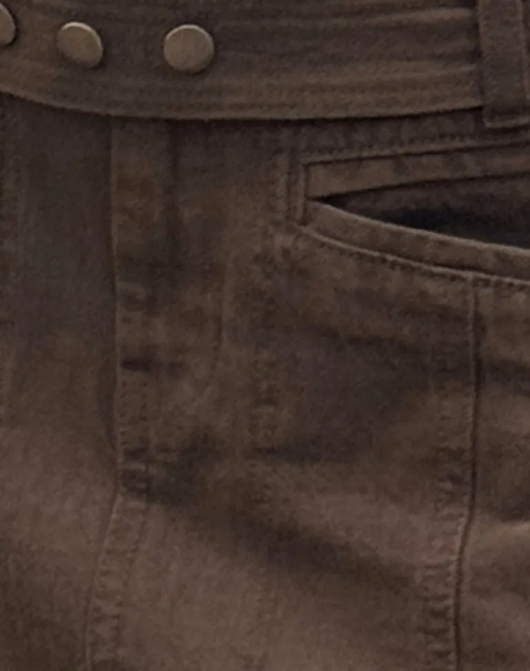 Belted Denim Mini Skirt in Chocolate Brown