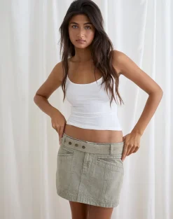 Belted Denim Mini Skirt in Oat