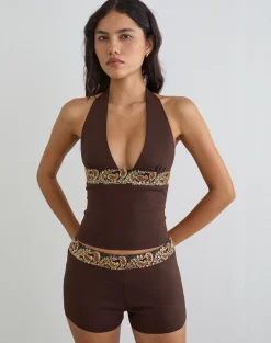 Belvani Mini Short in Brown with Embroidered Sequin Trim
