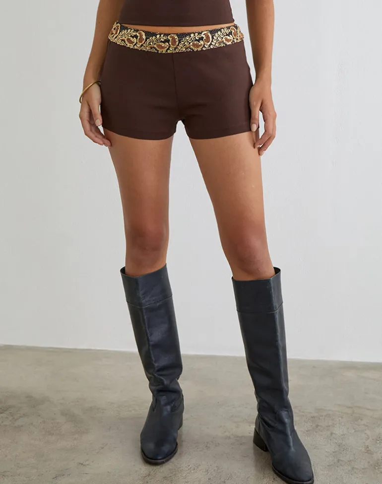 Belvani Mini Short in Brown with Embroidered Sequin Trim
