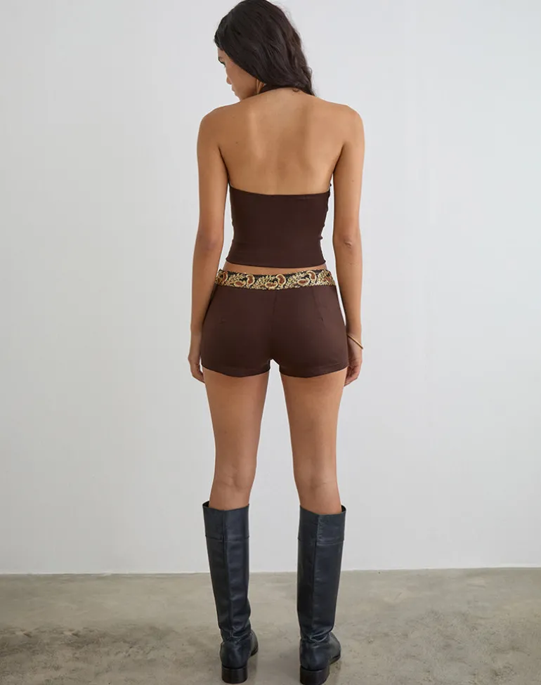 Belvani Mini Short in Brown with Embroidered Sequin Trim