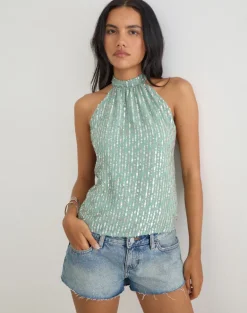 Beyi Halterneck Top in Chiffon Sequin Jade