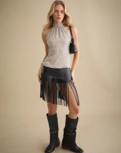 Beyi Halterneck Top in Chiffon Sequin Nude