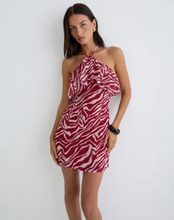 Beyza Halter Mini Dress in Zebra Print Red