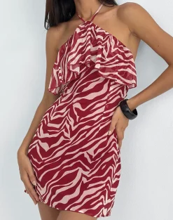Beyza Halter Mini Dress in Zebra Print Red