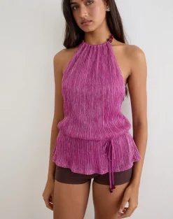 Bherita Top with Beads in Shimmer Plisse Hot Pink