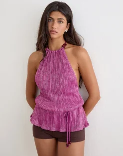 Bherita Top with Beads in Shimmer Plisse Hot Pink