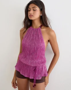 Bherita Top with Beads in Shimmer Plisse Hot Pink