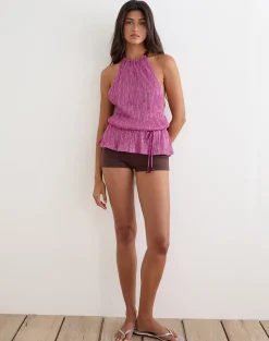 Bherita Top with Beads in Shimmer Plisse Hot Pink