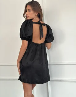 Bimbi Babydoll Mini Dress in Satin Jacquard Black