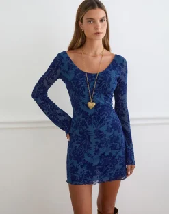 Bindara Mini Dress in Navy with Midnight Leaf Flock